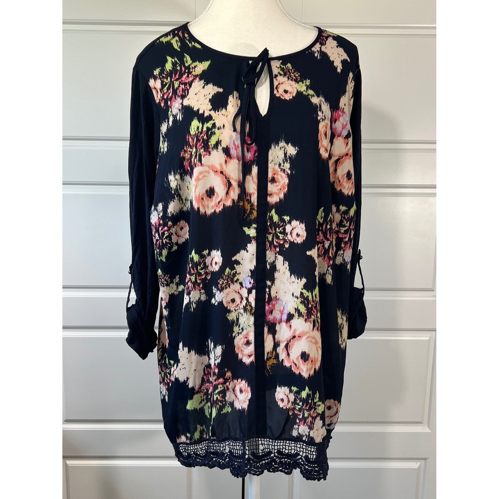 Daniel Rainn Floral Flowy Tunic Top‎ Keyhole Long Sleeve Blouse Plus Size 1X